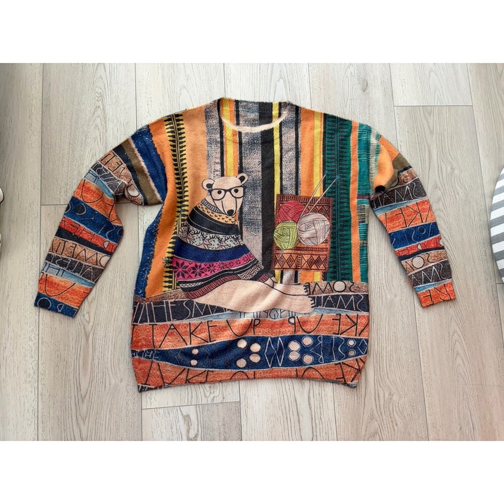 Whimsical Bear Knitting Oversized Sweater L Pullover Cotton Wool Soft Graphic